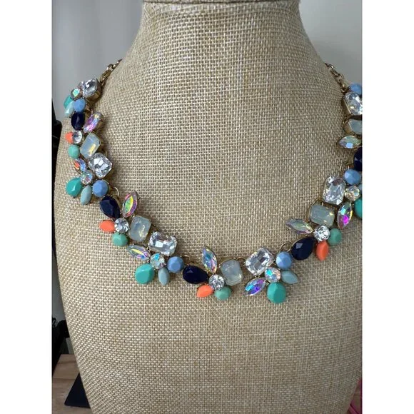 J. Crew Statement Necklace With Colorful Floral Crystal Design & Gold-Tone Chain - Picture 3 of 8